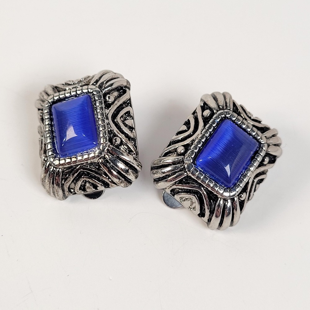 Blue Stone Clip-On Stud Earrings Silver Tone Rectangular Statement Jewelry‎